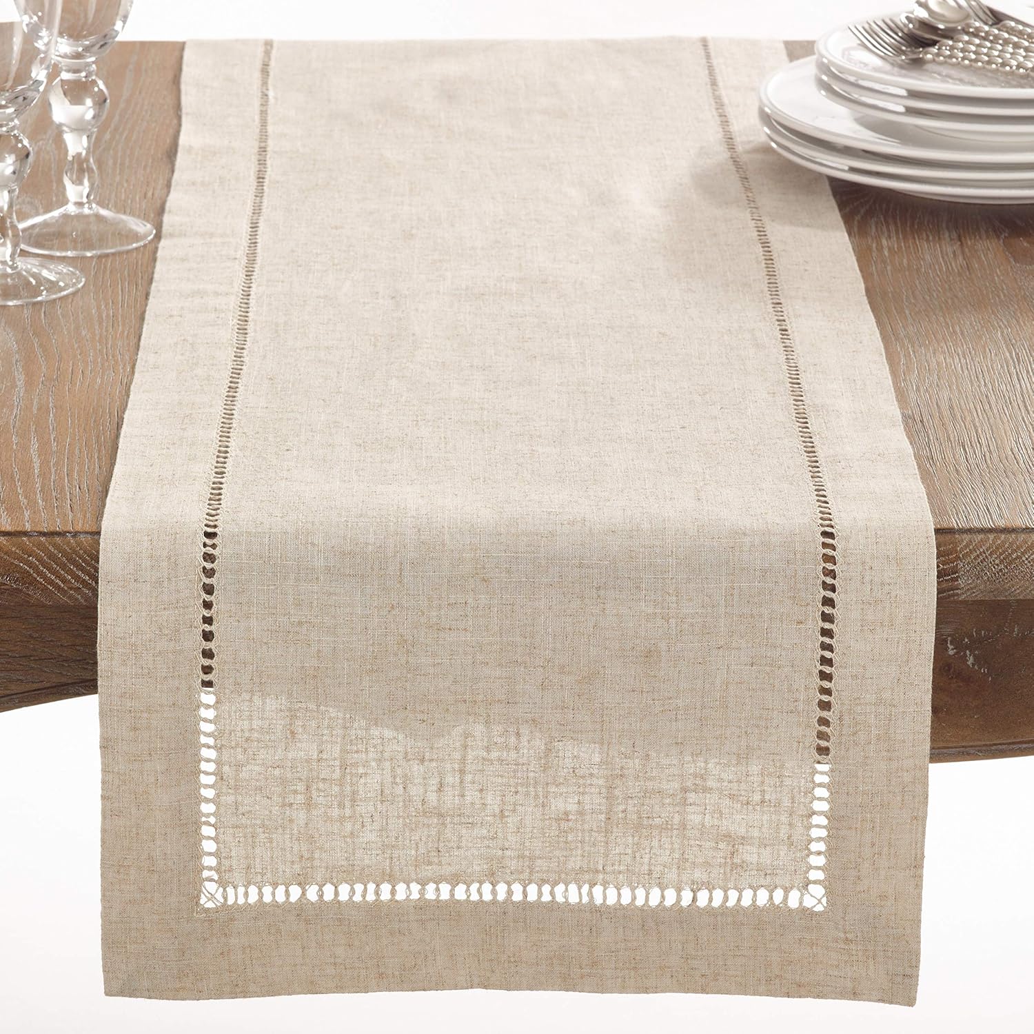 SARO LIFESTYLE Toscana Collection Poly and Linen Blend Table Runner with Hemstitch Border, 16" x 120", Natural: Kitchen & Dining
