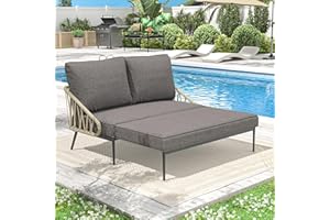 COMLAX FIELD Patio Adjustable Daybed, 2-Person Outdoor Daybed with Cushions and Pillows, Woven Rope Patio Loveseat Garden Adjustable Reclining Chaise Lounge for Lawn, Poolside, Grey