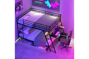 BOVZA Gaming Bunk Beds Full Over Full Size Metal Frame with Built-in Desk, LED Light Strip and 2 Drawers for Kids Teens Adults, Black