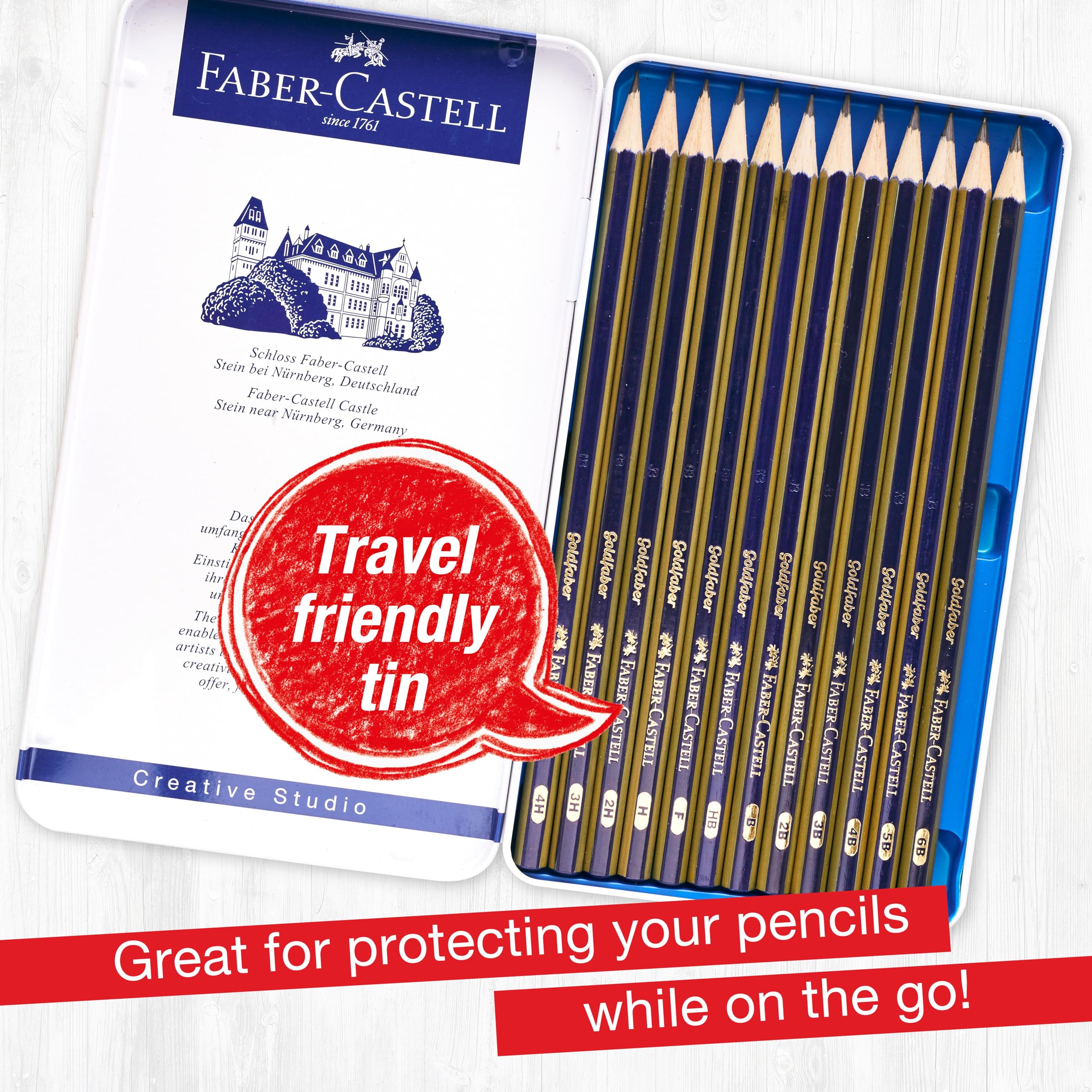 Faber-Castell Graphite Pencils Drawing Set: 12 Art Pencils for Sketching (4H, 3H, 2H, H, F, HB, B, 2B, 3B, 4B, 5B, and 6B), Shading Kit