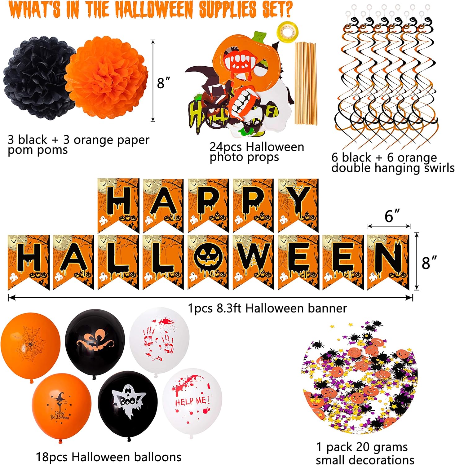 62PCS Halloween Party Decorations Set - Hallowmas Photo Booth Props Banner Balloons Pom Poms Hanging Swirls Spider Pumpkin Ornaments Supplies: Kitchen & Dining