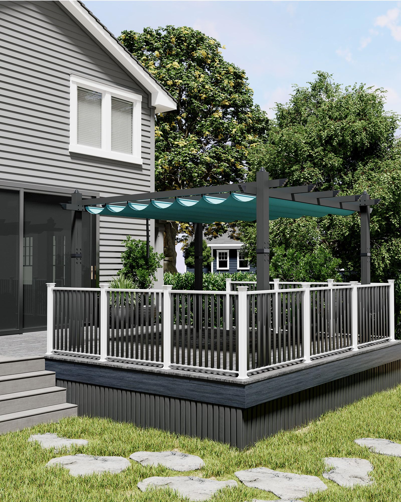 KYBOLT 10×13 Ft Aluminum Pergola with Retractable Canopy Metal Gazebo for Garden Backyard Deck Porch Grape Trellis(Blue)