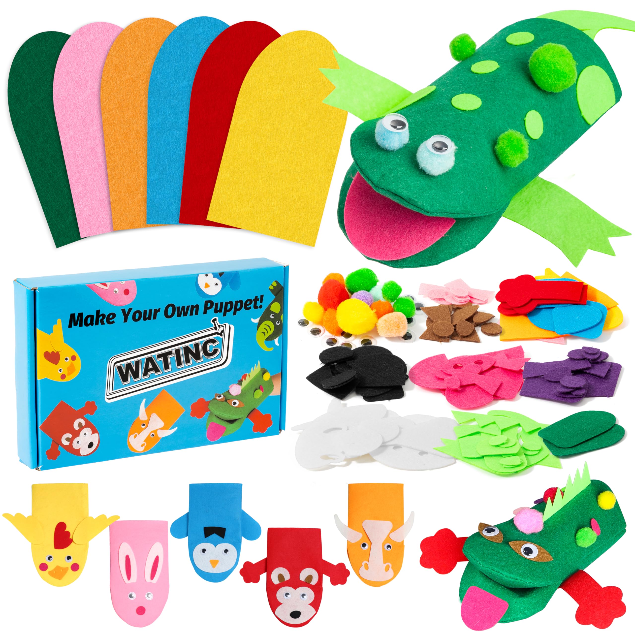 WATINC 6Pcs Animal Hand Puppet Making Kit for Kids Toddlers DIY Art Craft Felt Party Supplies Children Role Play Toys Show Include Colorful Hand Puppets, Pom poms, Googl Eyes, DIY Felt Decors
