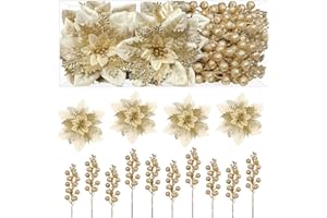Alupssuc 24 Pieces Christmas Tree Decorations, 12 PCS Gold Poinsettia Flowers Artificial and 12 PCS Glitter Christmas Tree Picks for Christmas Decorations Party Wreath Fireplace Stairs, Gold