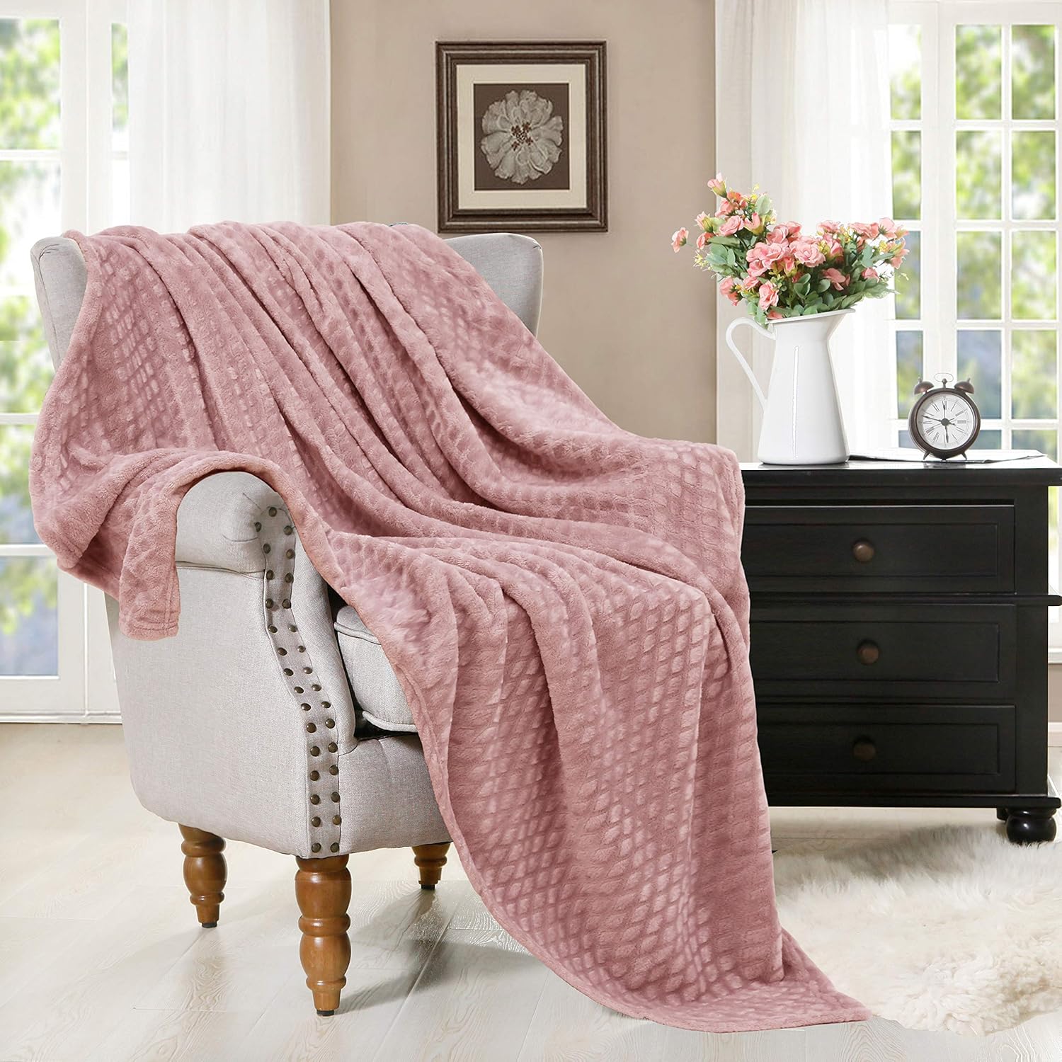 Exclusivo Mezcla Brushed Diamond Check Large Flannel Fleece Throw Blankets (Pink, 50" x 70")-Soft, Warm and Lightweight: Home & Kitchen