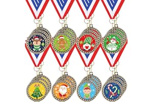 Loetere 24 Pcs Christmas Award Medals Xmas Winner Gold Medals for Adults with Red White Blue Ribbon Festival Party Competitions Prizes, 8 Styles, 16 in