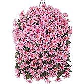 Hoppwodd Artificial Flower for Outdoors 4pcs Fake Lily Hanging Flower Baskets for Outside UV Resistant Silk Faux Long Trailing Vines for Garden Porch Patio, Pink