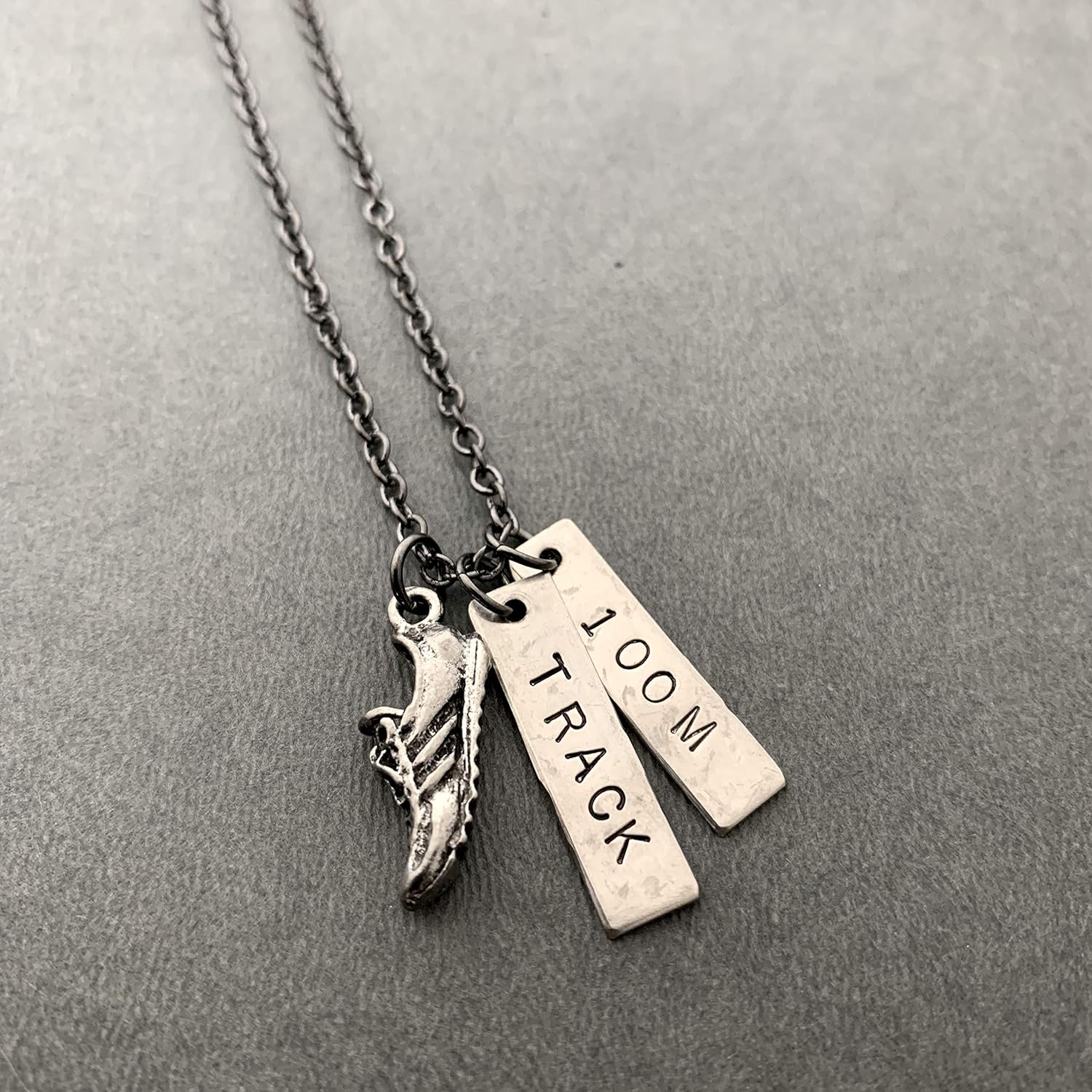 RUN TRACK 100M Necklace - Pewter Running Shoe Charm and 2 Hand Hammered Nickel Silver Pendants Hand Stamped with TRACK and 100M on 18 inch Gunmetal Chain - Track 100 Meter Race