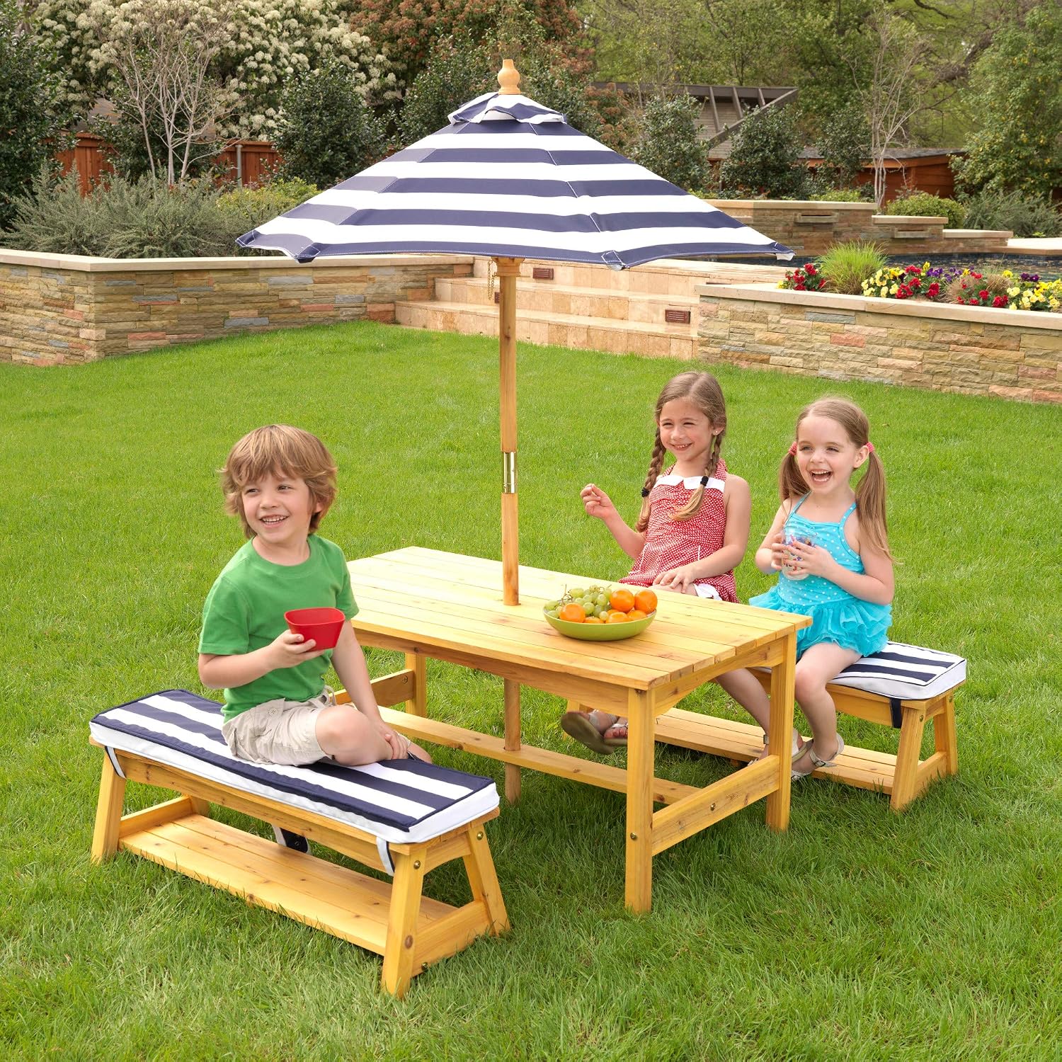 KidKraft Wooden Garden Table and Bench set for Kids with Cushions and Parasol Outdoor Garden Furniture for Children Navy and White Stripes - Image 3