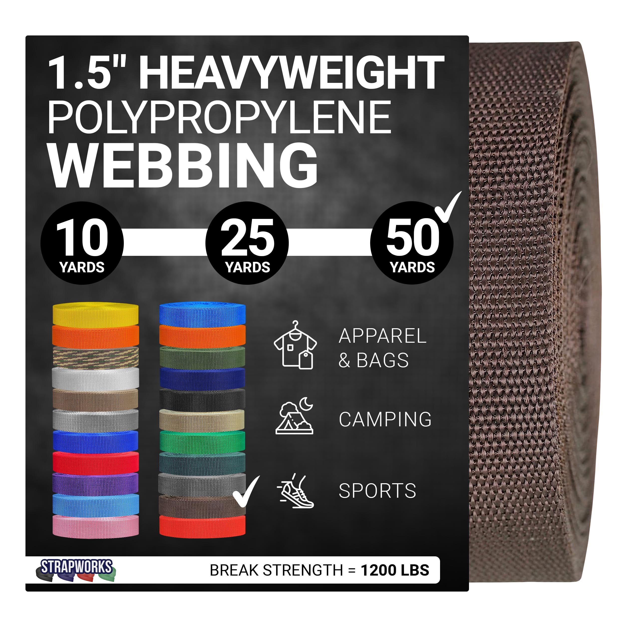 Strapworks Heavyweight Polypropylene Webbing - Heavy Duty Poly Strapping for Outdoor DIY Gear Repair, 1.5 Inch x 50 Yards, Brown