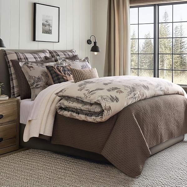 LEVTEX HOME – LODGE TOILE COMFORTER SET – KING COMFORTER (106 X 94IN.) TWO KING PILLOW CASES (36 X 20IN.) – TOILE – BROWN IVORY CHARCOAL – COTTON