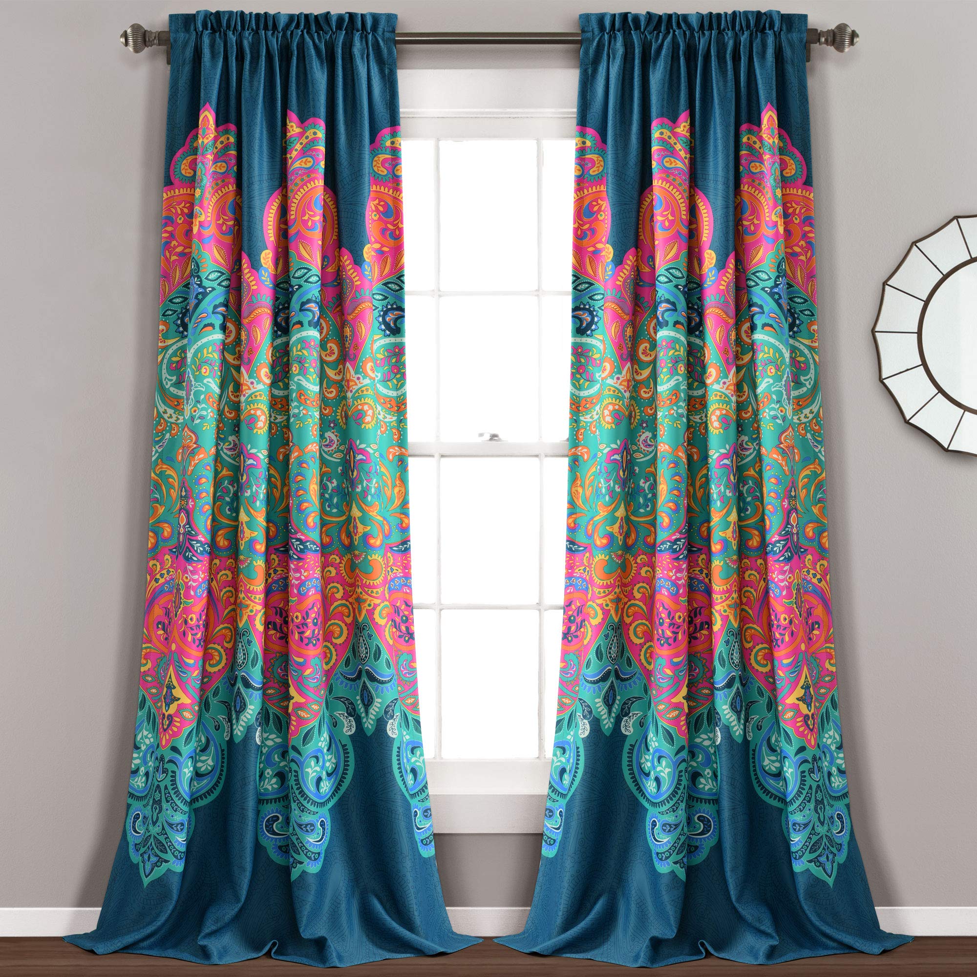 Lush Decor Boho Chic Light Filtering Window Curtain Panels Pair 52" W x 108" L +2" Turquoise & Navy - Colorful Curtains for Living Room - Maximalist Decor Image Lush Decor Boho Chic Light Filtering Window Curtain Panels Pair 52" W x 108" L +2" Turquoise & Navy - Colorful Curtains for Living Room - Maximalist Decor Image