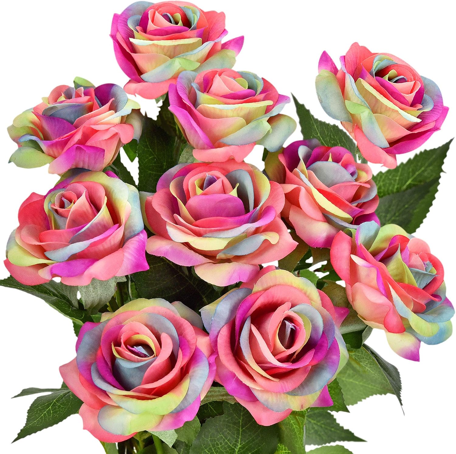 FiveSeasonStuff 10 Stems Real Touch Roses Artificial Flower Silk Roses ‘Petals Feel and Look like Fresh Roses' Bouquet of Flowers Floral Arrangements (Rainbow #17)
