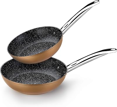 Monix cobre - conjunto de 2 frigideiras efeito cobre, alumínio forjado antiaderente com partículas de titânio, para todos os tipos de placas incluindo indução, 20-24 cm