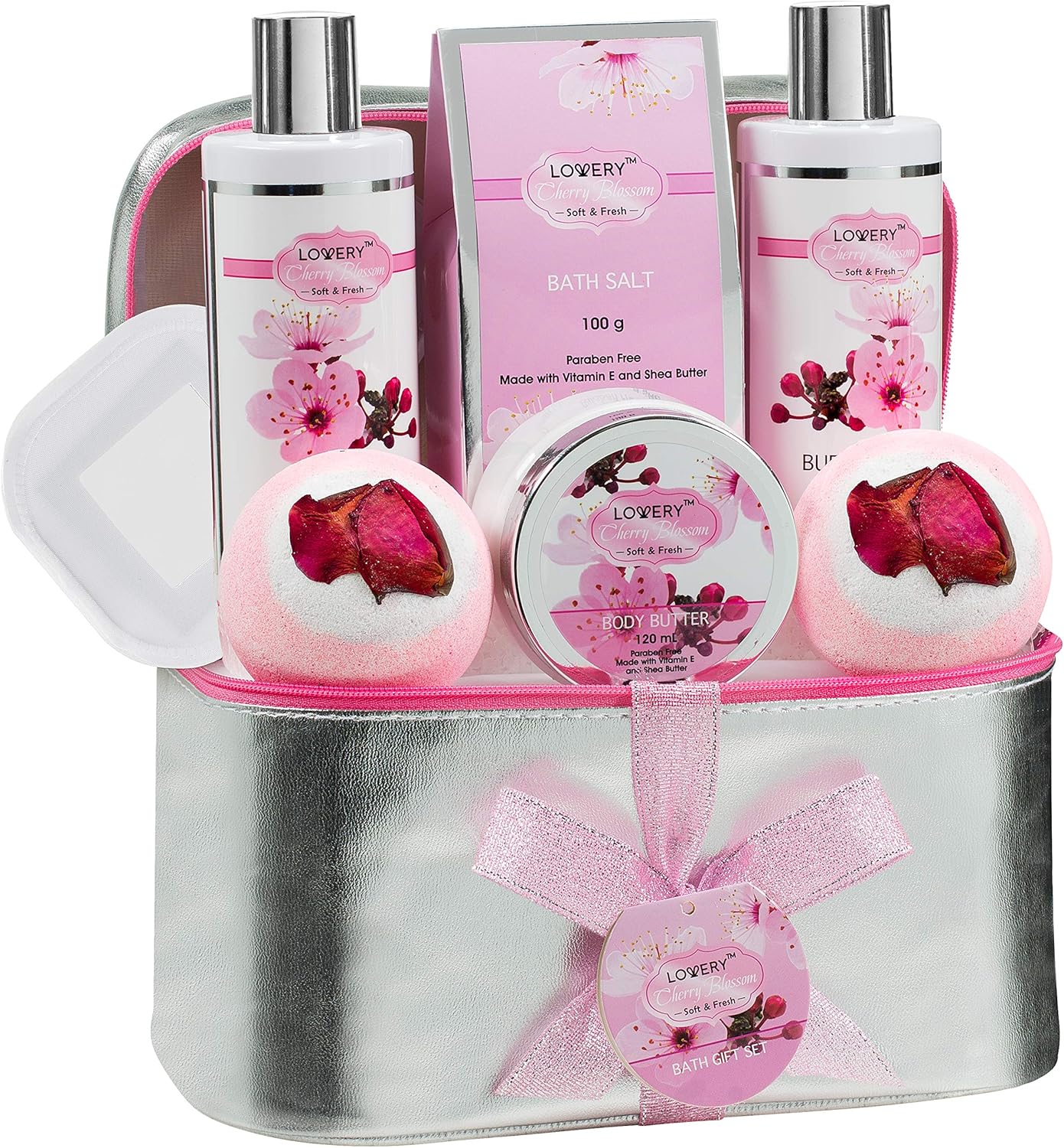 Bath and Body Spa Gift Basket Set for Women – Cherry Blossom Home Spa Set with Fragrant Lotions, 2 Extra Large Bath Bombs, Mirror and Silver Reusable Travel Cosmetics Bag and More: Health & Personal Care