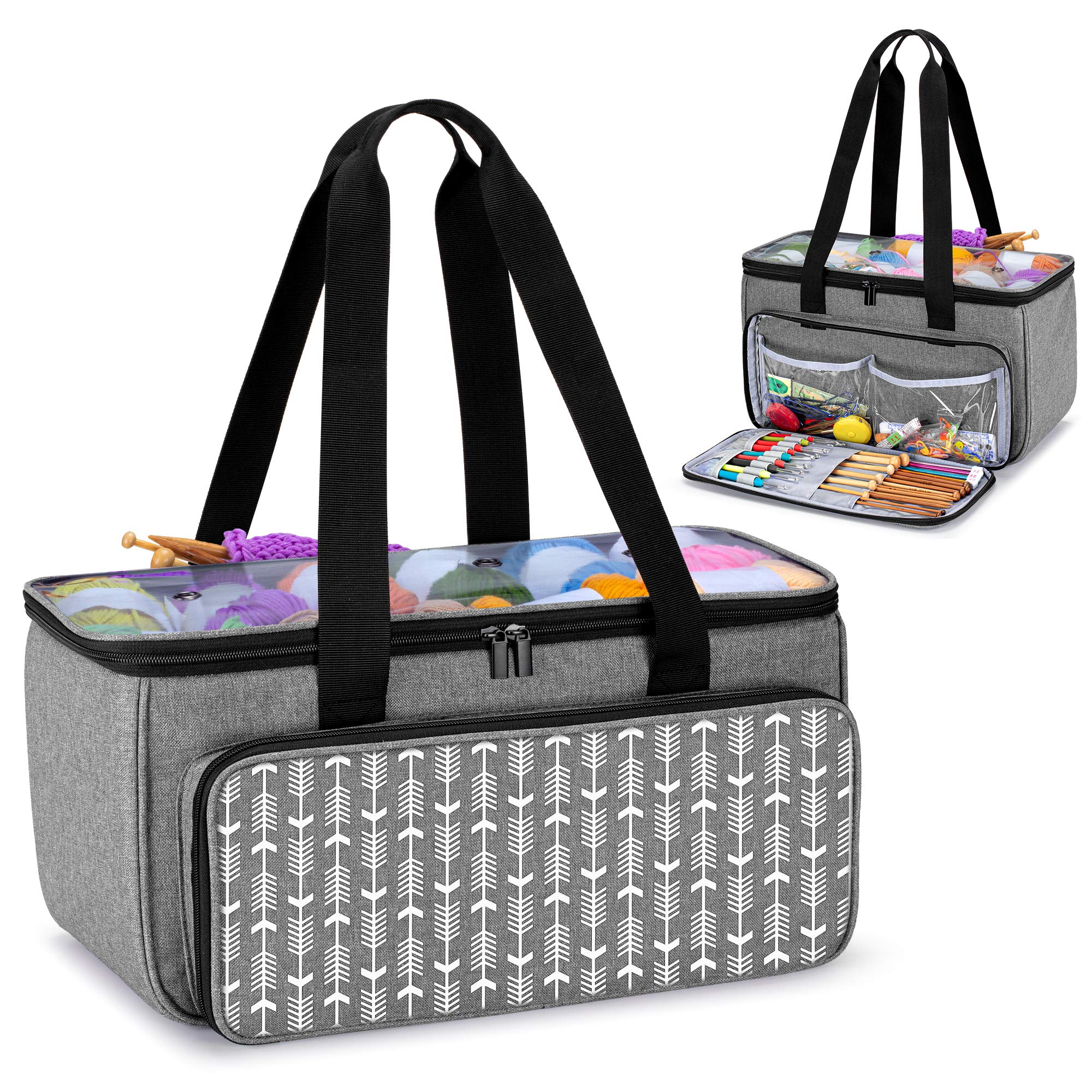 Yarwo Knitting Bag, Portable Yarn Bag with with Pocket for WIP Projects, Knitting Needles(Up to 14"/35.5cm) or Other Knitting Accessories, Grey with Arrow Pattern(Bag Only)