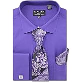 C. Allen Men's Solid Square Pattern Regular Fit French Cuffs Dress Shirts with Tie Hanky Cufflinks Combo