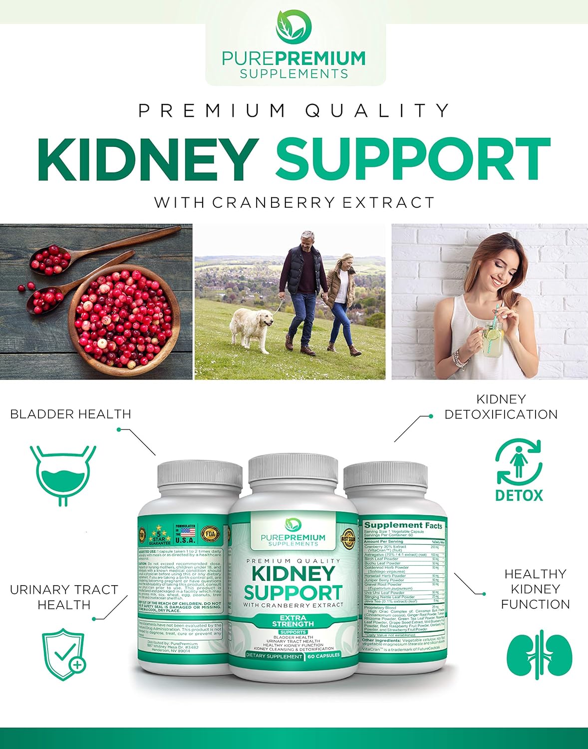 Premium Kidney Support Supplement by PurePremium (Kidney Cleanse Supplement) Potent Herbal Ingredients for Urinary Tract and Bladder Health – Cranberry Extract, Astragalus and Uva Ursi Leaf - 60 Caps: Health & Personal Care