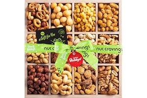NUT CRAVINGS Gourmet Collection - Christmas Treats Nuts Gift Basket with Happy Holiday Ribbon in Reusable Wooden Tray (12 Assortments) Xmas Treats Food Arrangement, Healthy Snack Care Package, Kosher