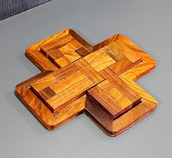 StonKraft Wooden Rosewood Small Wooden Jigsaw/Tangram Puzzle Board - Cross Shape