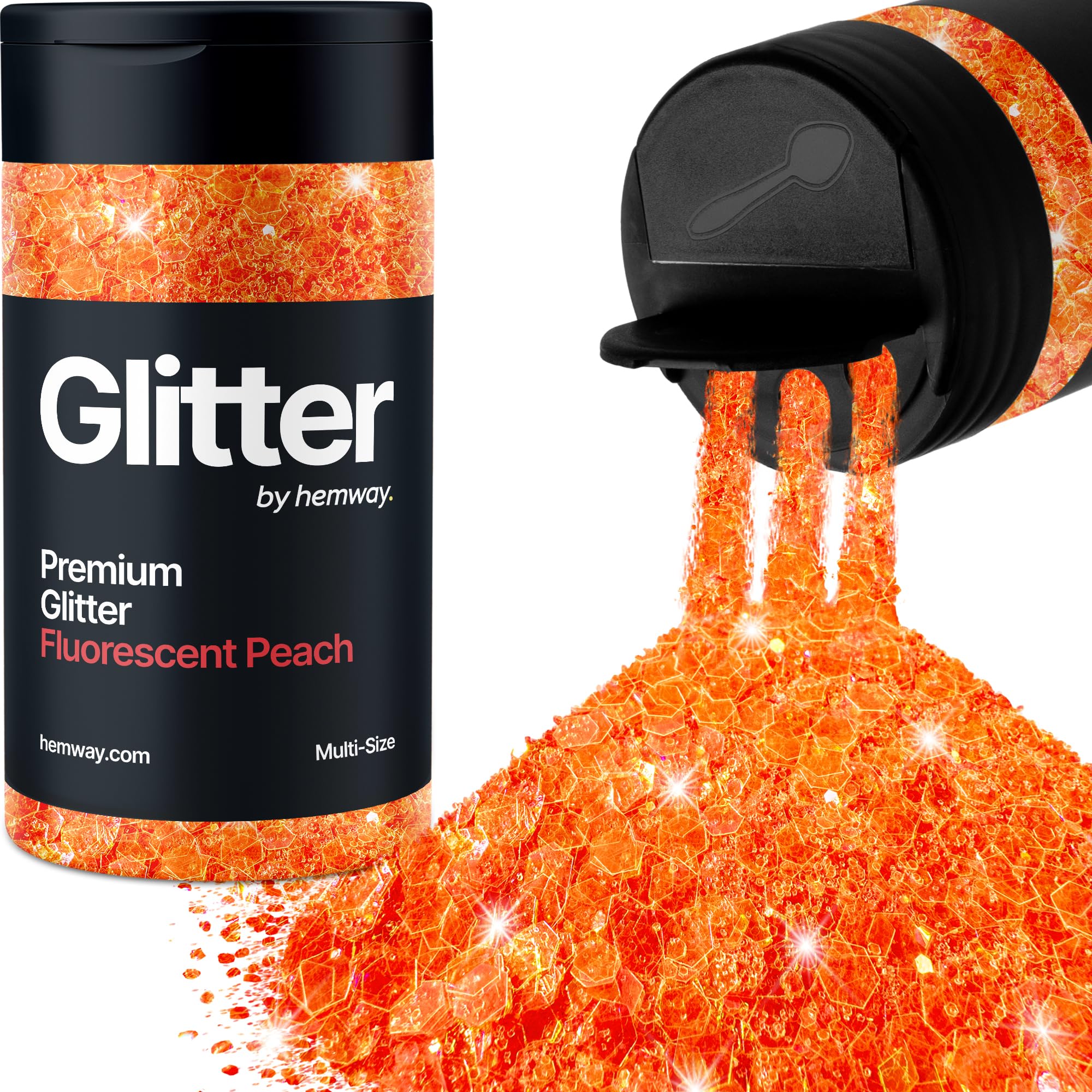 Hemway Fluorescent Peach Orange Glitter Shaker, 120g Multi Size Glitter for Crafts Metallic Flake Sequins for Resin & Epoxy Crafts for Decorating, Halloween, Christmas, Nail, Face, Bunting, Art, Pots