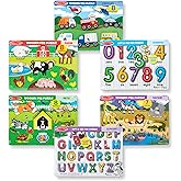 Melissa & Doug Wooden Peg Puzzle 6 Pack Numbers, Letters, Animals, Vehicles