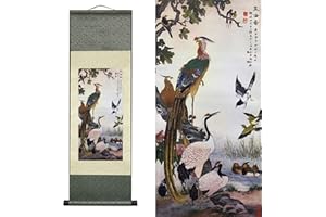 AtfArt Asian Wall Decor Beautiful Silk Scroll Painting Birds - Wulun Diagram Oriental Decor Chinese Art Wall Scroll Wall Hang
