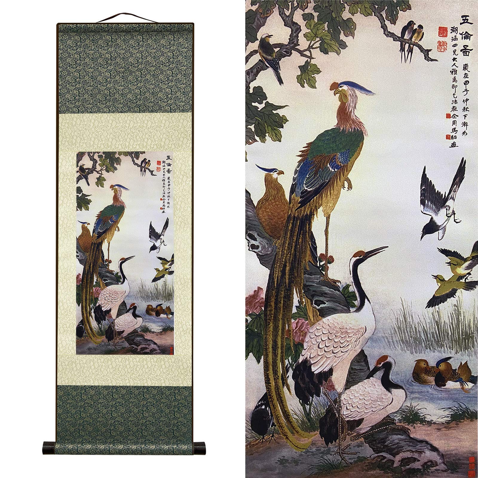 AtfArt Asian Wall Decor Beautiful Silk Scroll Painting Birds - Wulun Diagram Oriental Decor Chinese Art Wall Scroll Wall Hanging Painting Scroll (36.2 x 12 in)
