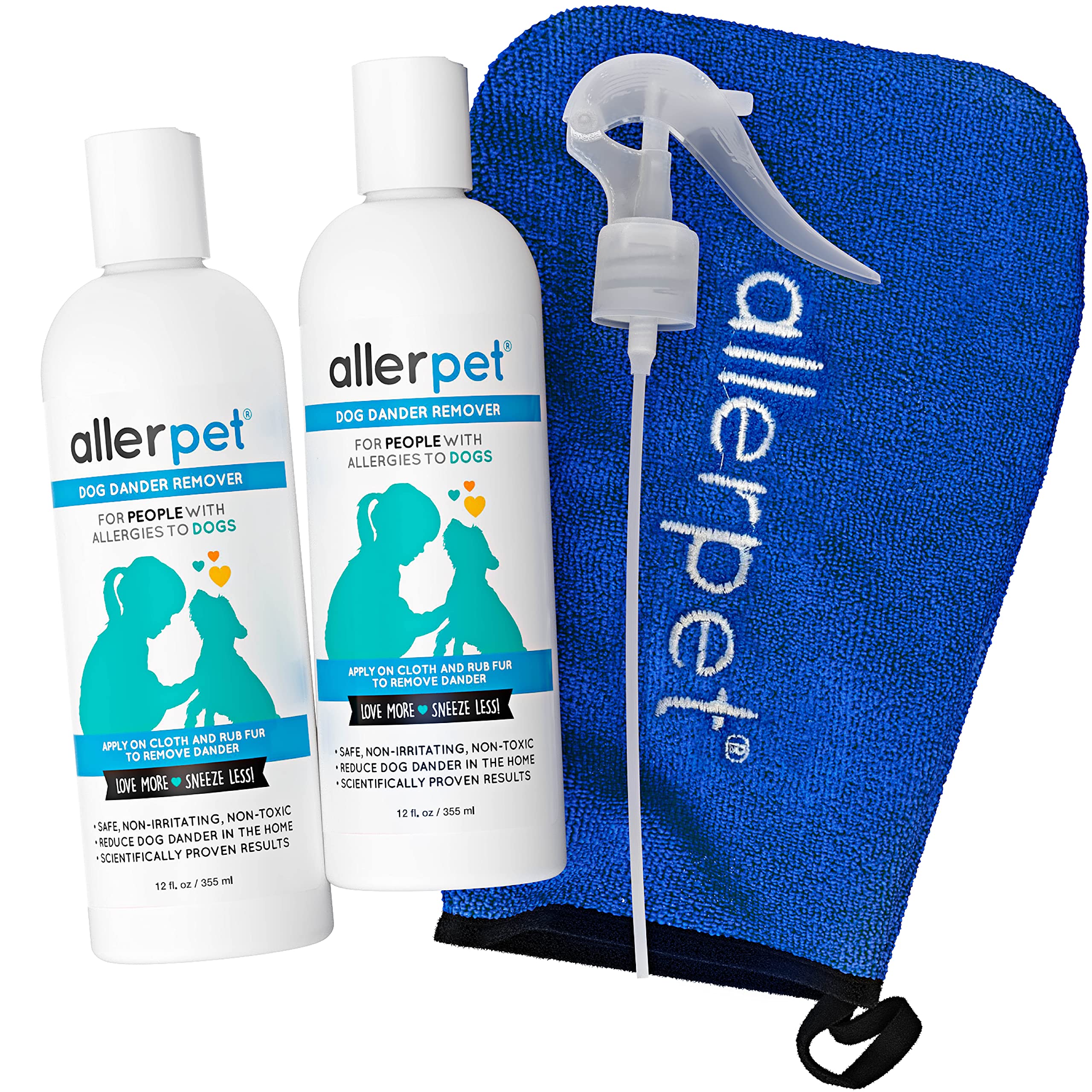 Photo 1 of Allerpet Dog Dander Remover w/Free Applicator Mitt & Sprayer - Best Pet Dander Remover for Allergens - for Canine Dry Skin Treatment - Good for Fur & Skin - 2 Pack (12oz)