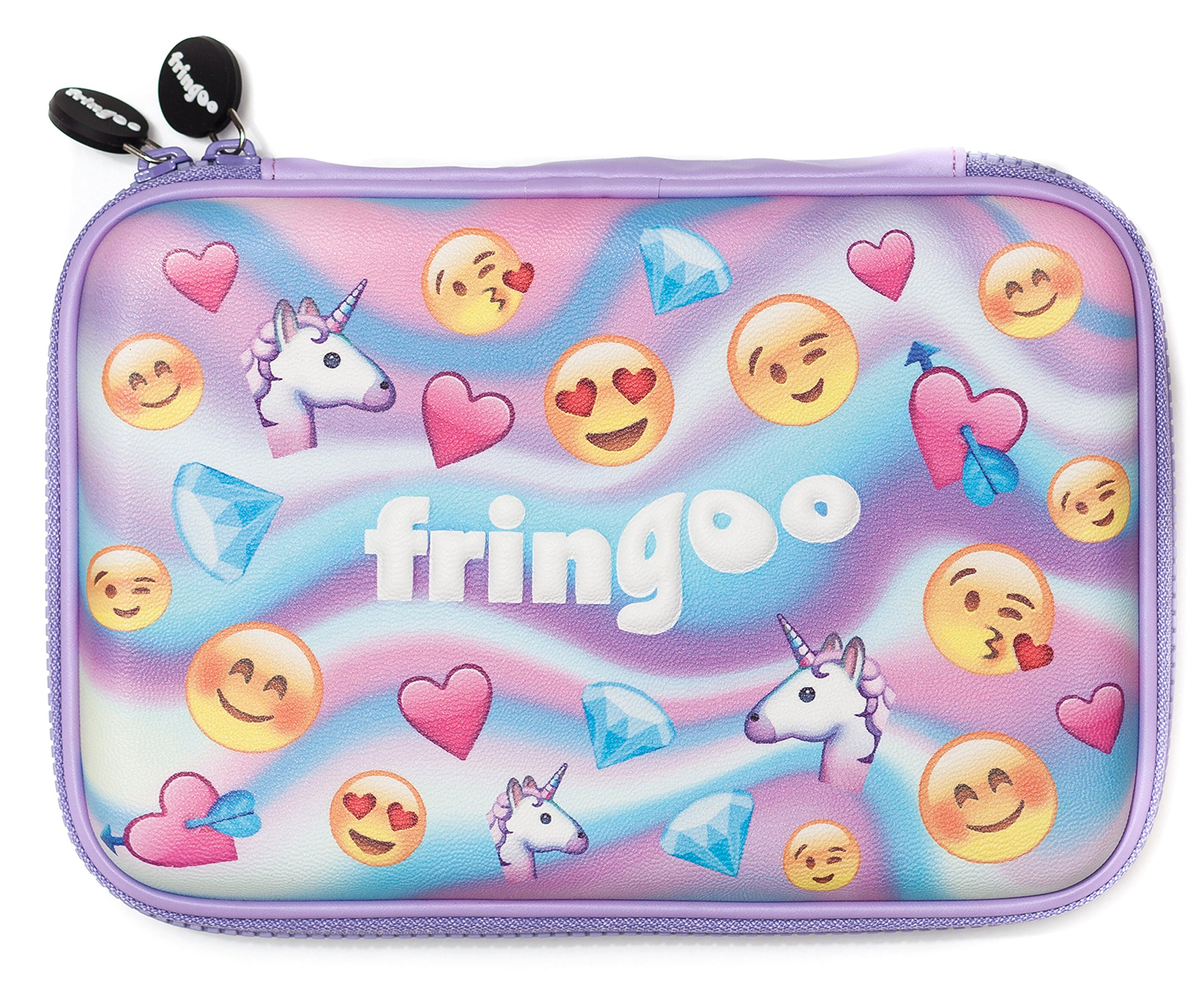 Fringoo - Kids Pencil Case - Pastel Emoji World Holo Design - Purple Pencil Case- Stationery Holder - Large - Embossed Hardtop - Double Zipper