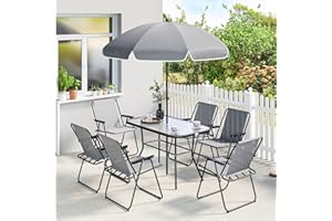 Outsunny 8 Piece Patio Table and Chairs Set, Outdoor Dining Set for 6 with Folding Chairs, Tempered Glass Tabletop and Umbrel