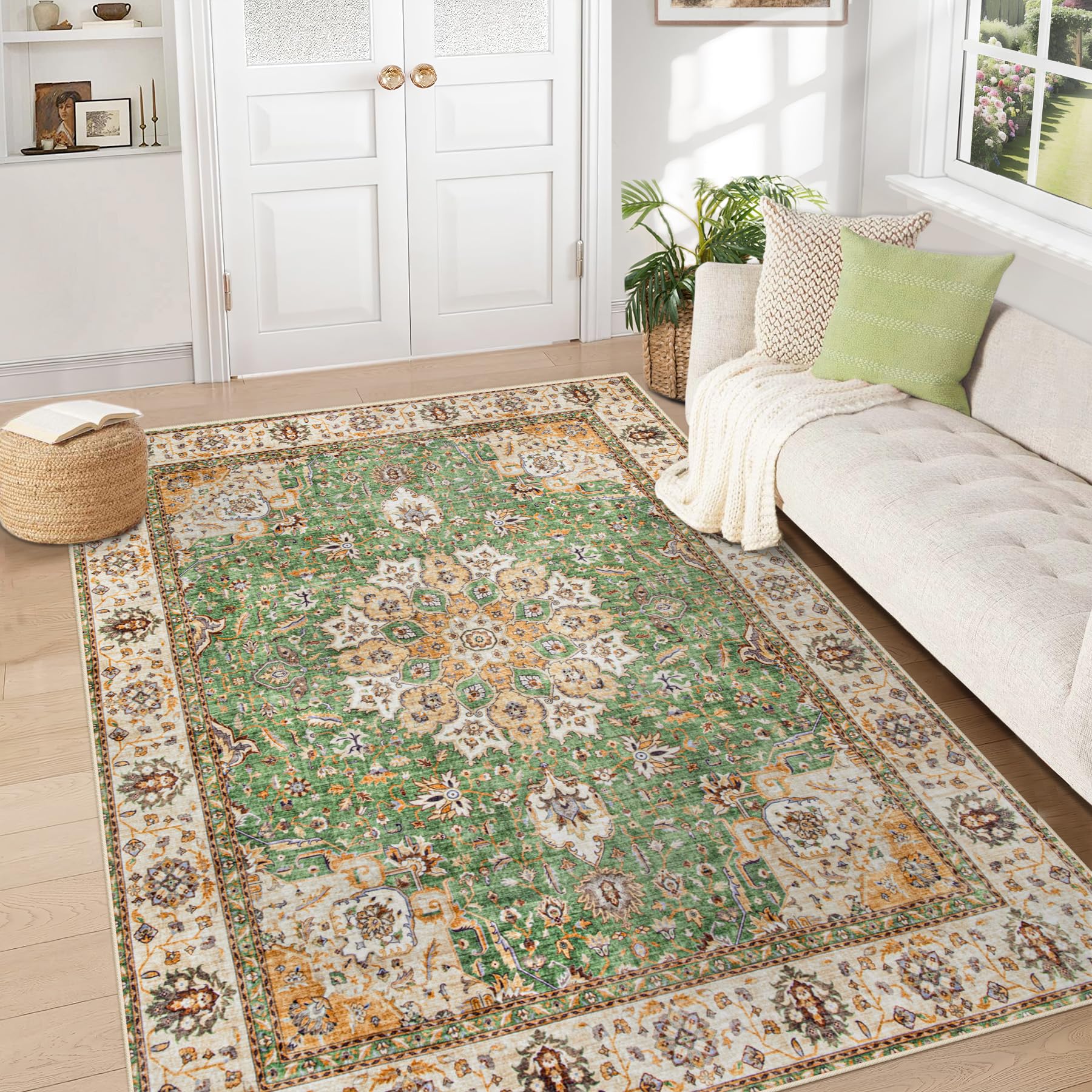 VECARF Area Rug 5x7 Washable Rug, Vintage Boho Medallion Rugs Non-Slip Soft Low Pile Large Distressed Rug Indoor Retro Carpet for Living Room Bedroom Dining Room Home Office (Vintage Green, 5'x7') Image