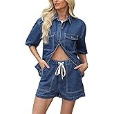 EZAPINE Denim Set for Women 2 Piece Button Down Shirt High Waist Denim Short Set Summer Jean Matching Sets