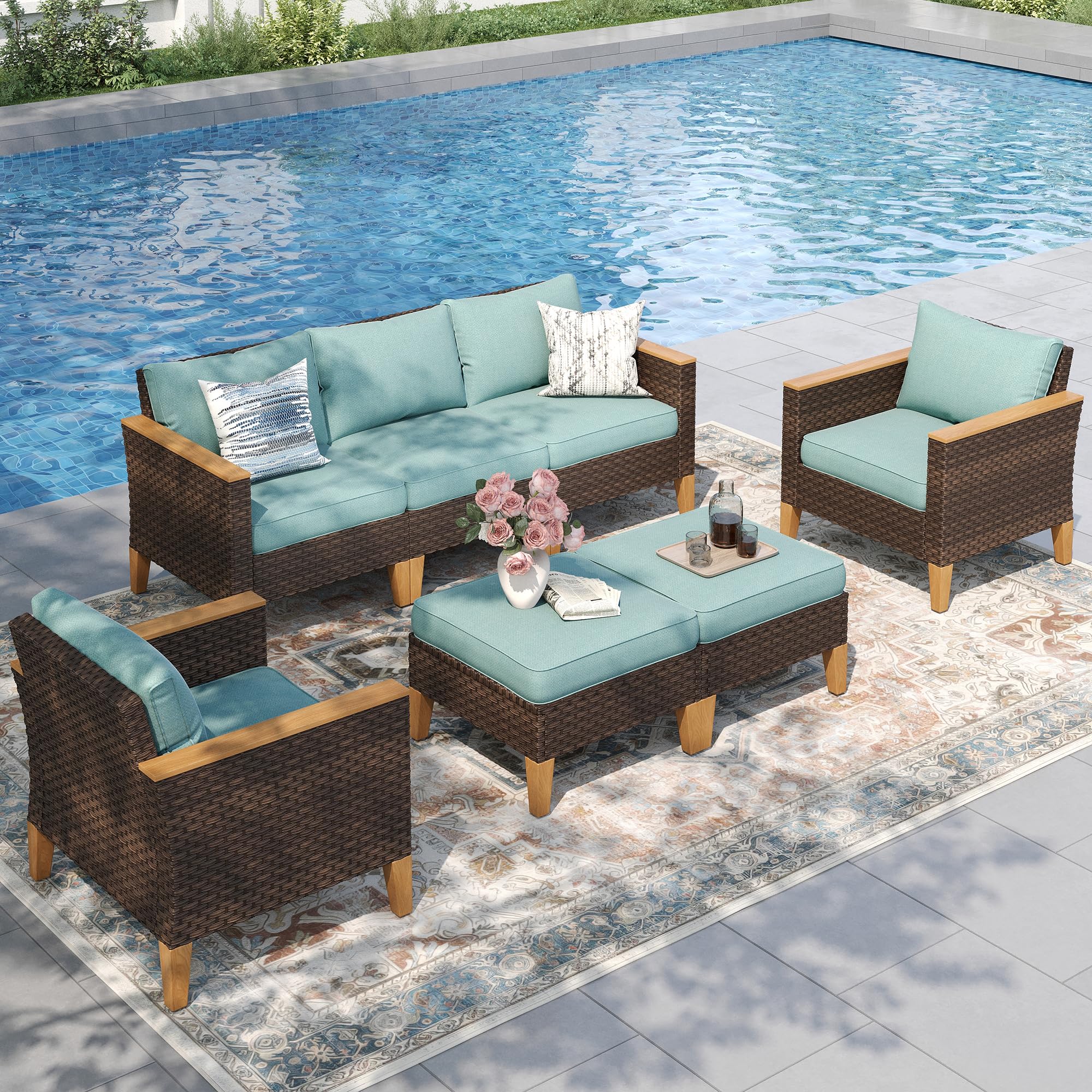 PHI VILLA 7 Pieces Wicker Patio Sectional Sofa Set, Aqua Blue