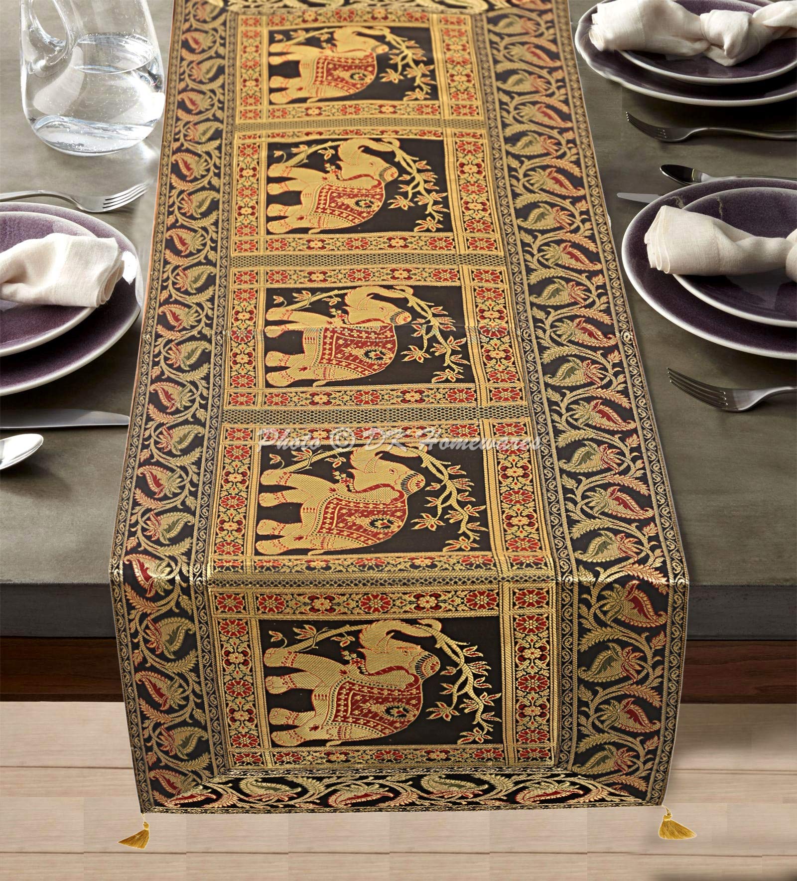 DK Homewares Indian Decorative Brocade Satin Table Runner 150 cm Long Bohemian Jacquard With Tassels Black And Gold For Wedding Decor Elephant Floral Rectangle 5 Ft Table Cloth (40 x 150 cm)