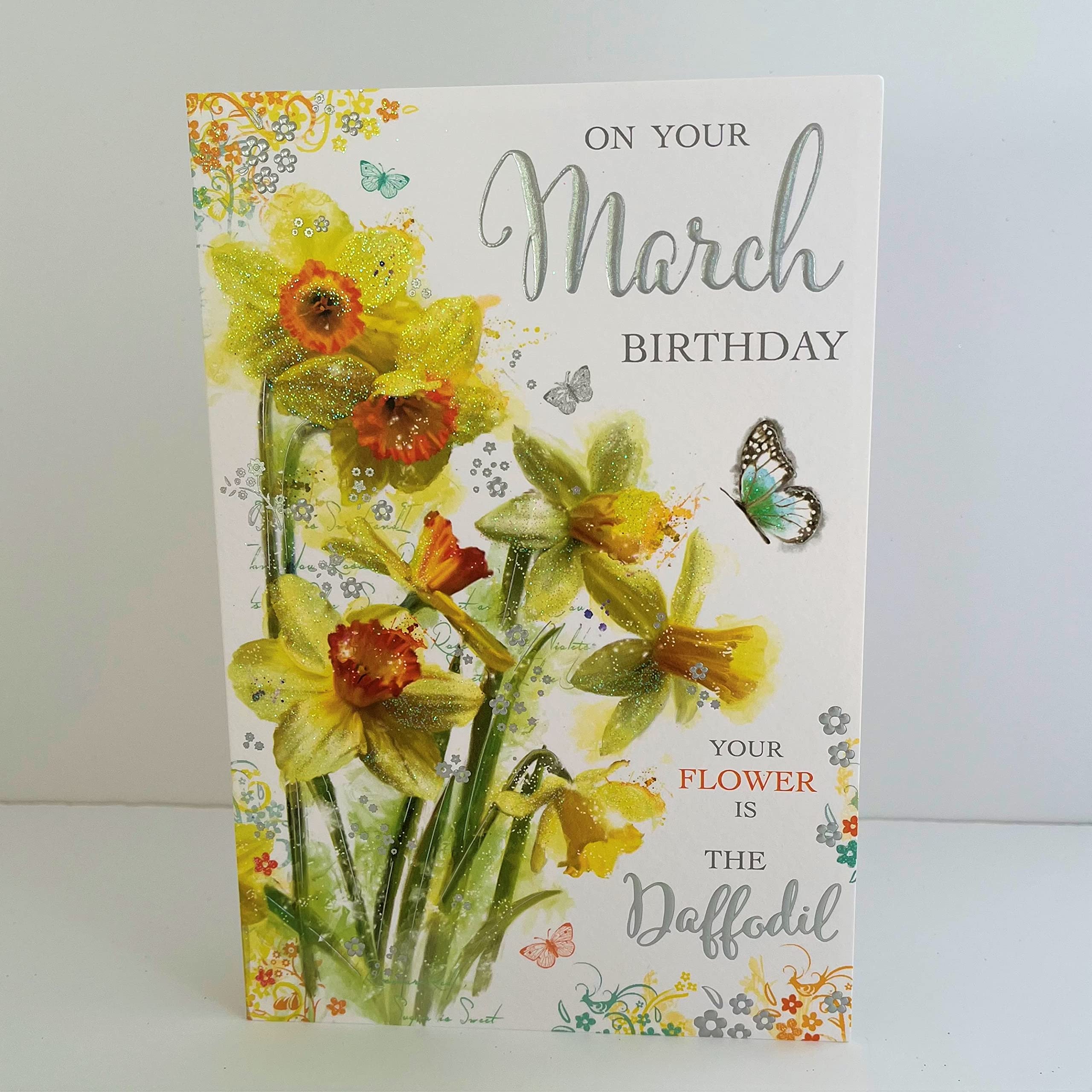 Jonny Javelin Artistic Female Birthday Card (JJ-SG75) - March Birthday, Daffodil - Foil, Flitter & Embossed Finish