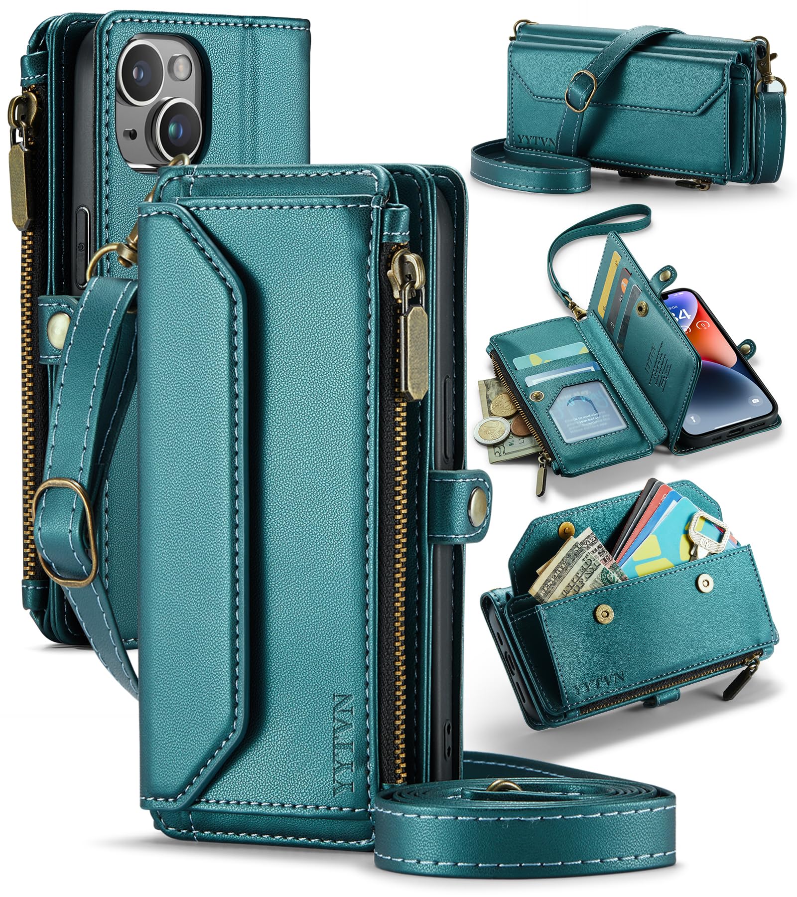 YYTVN for iPhone 15 Plus Wallet Case with Zipper Card Holder & Crossbody Lanyard Strap & Wrist Strap, RFID Blocking PU Leather Magnetic Flip Handbag Purse Case for iPhone 15 Plus -Green