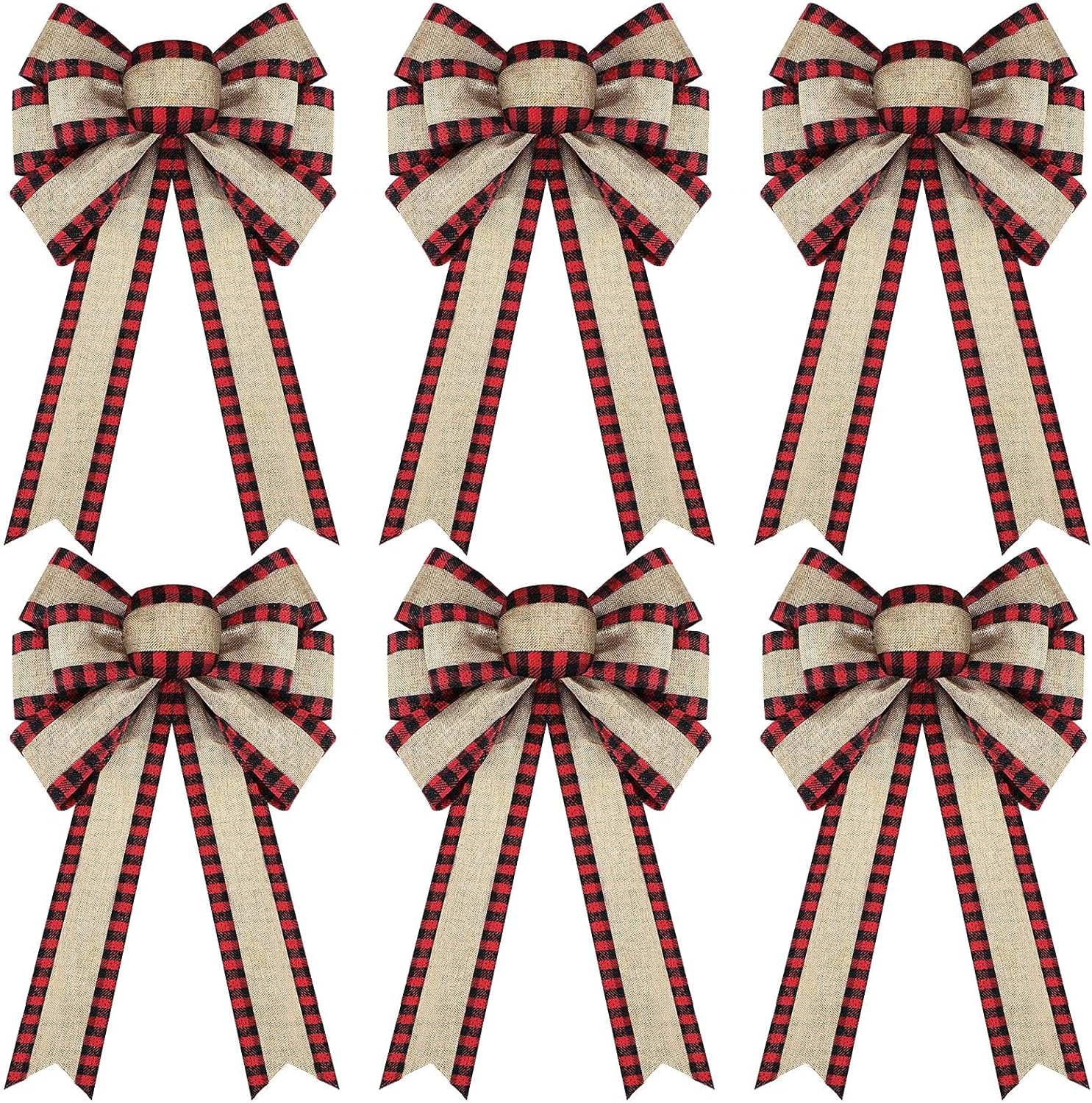 Bows & Ribbons - 6 Pieces Christmas Buffalo Plaid Bow Plaid Burlap Wreath Bow Rustic Burlap Ribbon Bow Check Wired Plaid Bow Natural Plaid Bow for Christmas Tree Crafts DIY Decoration, 6 x 12 Inch (Red and Black)