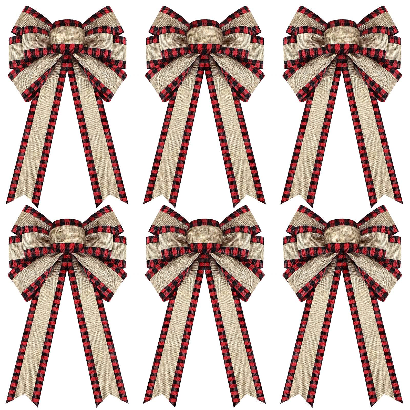 6 Pieces Christmas Buffalo Plaid Bow Plaid Burlap Wreath Bow Rustic Burlap Ribbon Bow Check Wired Plaid Bow Natural Plaid Bow for Christmas Tree Crafts DIY Decoration, 6 x 12 Inch (Red and Black)