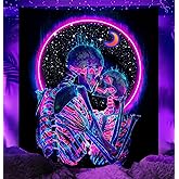 TUGCAY Blacklight Skull Tapestry Glow in the Dark Tapestry Kissing Lovers Tapestries Skeleton Neon Trippy Moon Stars Vertical Posters Wall Hanging Decor for Bedroom Aesthetic – 51.2” x 59.1”