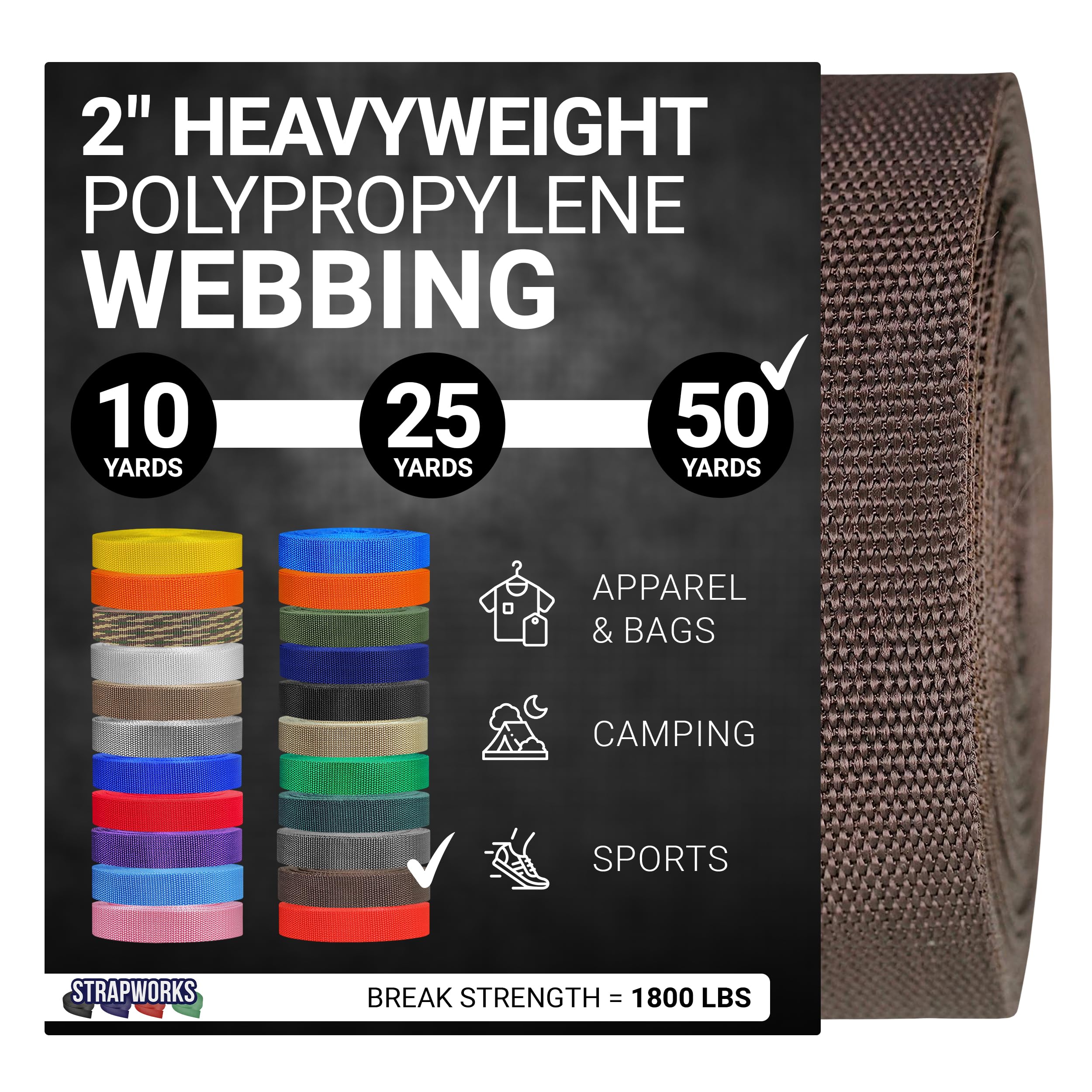Strapworks Heavyweight Polypropylene Webbing - Heavy Duty Poly Strapping for Outdoor DIY Gear Repair, 2 Inch x 50 Yards - Brown Image