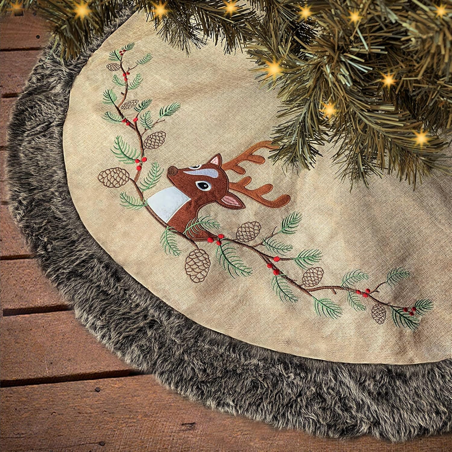 Amazon Com Ivenf Christmas Tree Skirt 48 Inches Large Burlap With Embroidered Reindeer Pine Branch Cone And Thick Faux Fur Edge Skirt Rustic Xmas Tree Holiday Decorations Home Kitchen