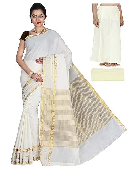 Women's putta border kasavu saree with Petticoat and Falls combo (VOS01348 SELF, Cream)