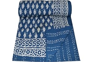 V Vedant Designs Indian Handmade Twin Cotton Kantha Quilt Throw Blanket Bespread Indigo Blue 90x60 Inch
