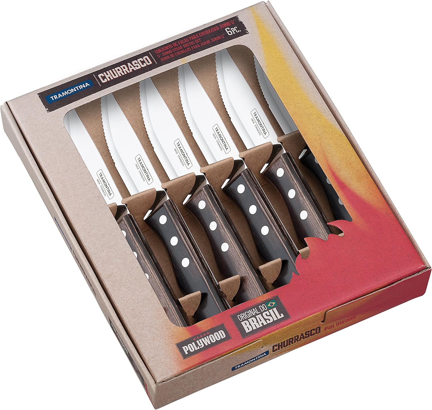 Tramontina 5” Jumbo Steak Knives, Sharp Knife with Wooden Handle, Camping, Kitchen, Rustic, Dishwasher Safe (6 Pcs Knife Set)