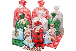 YALTOON Christmas Gift Bags Assorted Sizes, 34PCS Christmas Bags For Gifts, Small/Medium/Large/Extra Large Christmas Gift Bags with Ribbon Ties, Holiday Xmas Santa Plastic Reusable Wrapping Gift Bag Bulk