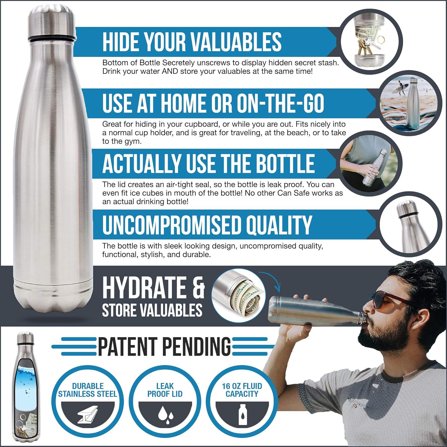 Diversion Water Bottle Can Safe by Stash-it, Stainless Steel Tumbler with Hiding Spot for Money, Bonus Smell Proof Bag, Discreet Decoy for Travel or at Home, Bottom Unscrews to Store your Valuables - - 