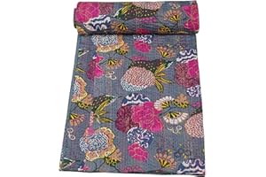 Marubhumi Indian Handmade Stitched Pure Cotton Fruit Print Kantha Quilt, Reversible Kantha Quilt (Grey, King (108"x 108"))