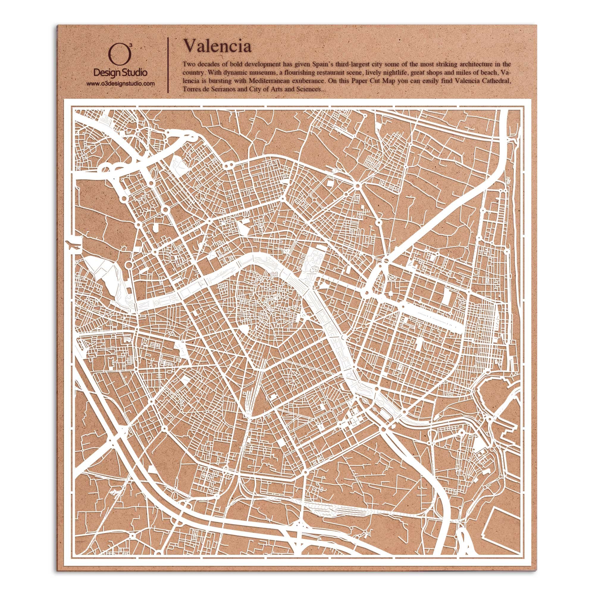 Valencia Paper Cut Map by O3 Design Studio White 30x30 cm Paper Art