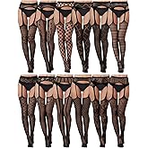 Skylety 12 Pairs Women Fishnet Thigh High Stockings Patterned Tights Suspender Pantyhose Stockings for Women
